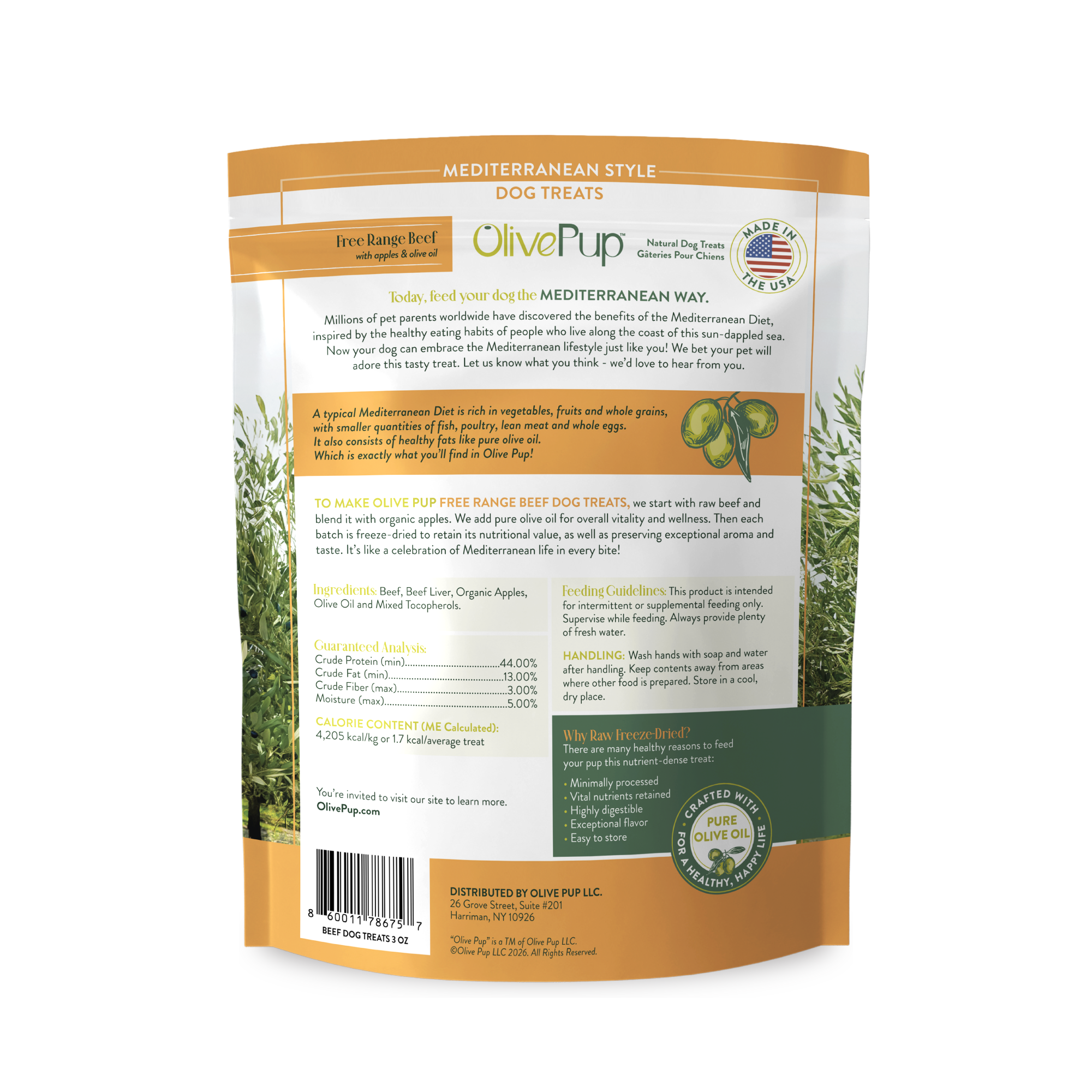 Olive Pup Free Range Beef treat ingredients and feeding guide, Mediterranean-style freeze dried dog treat