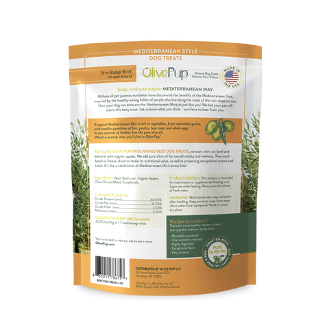 Olive Pup Free Range Beef treat ingredients and feeding guide, Mediterranean-style freeze dried dog treat