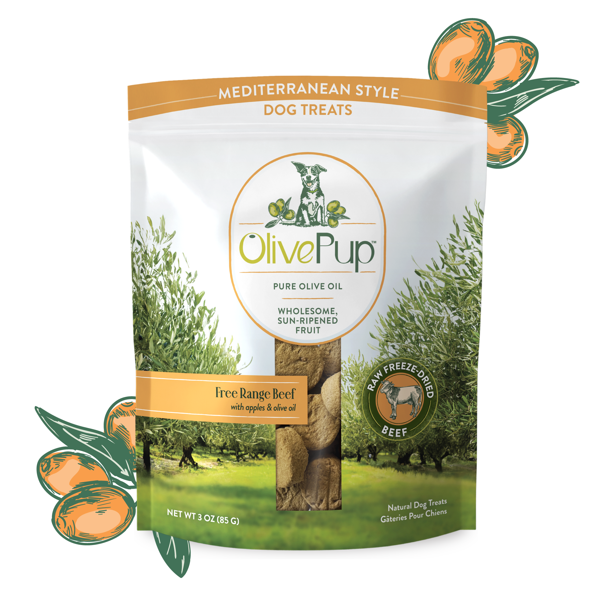 Olive Pup freeze dried beef liver dog treats with apples and olive oil, 3oz bag
