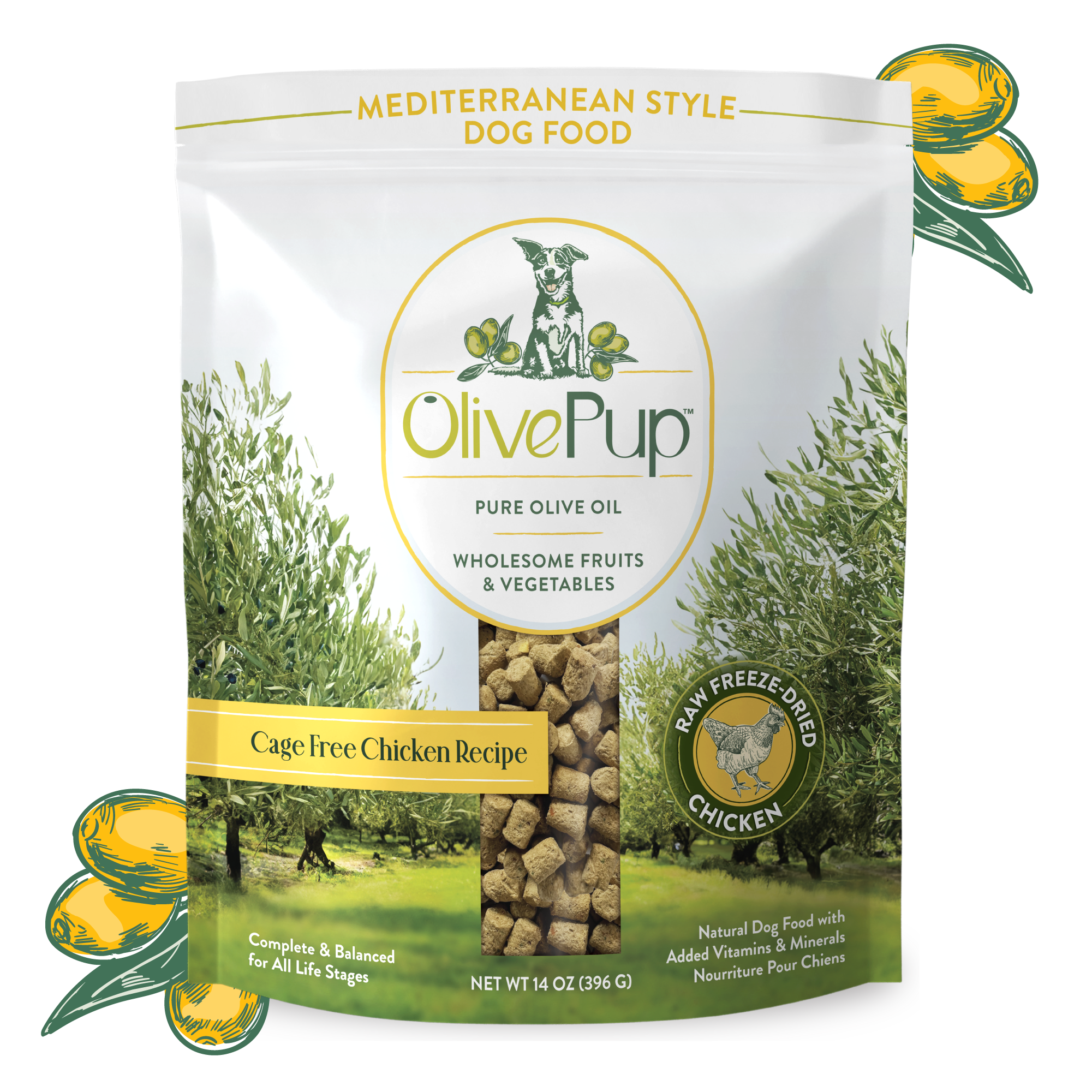 Olive Pup freeze dried cage free chicken dog food with olive oil, complete and balanced 14oz bag