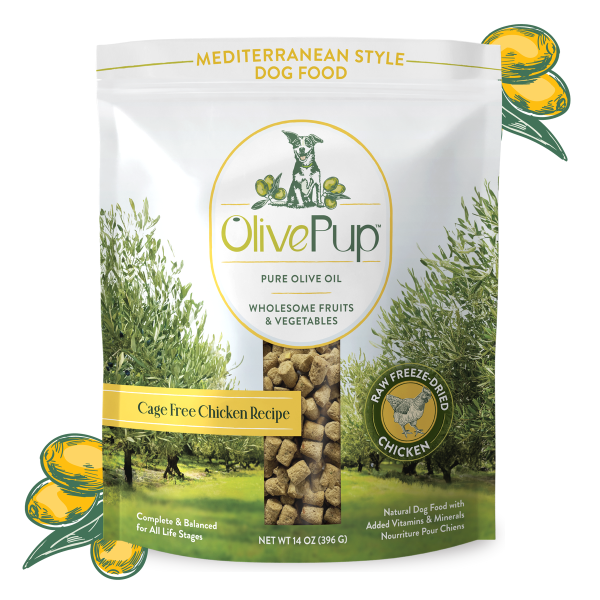 Olive Pup freeze dried cage free chicken dog food with olive oil, complete and balanced 14oz bag