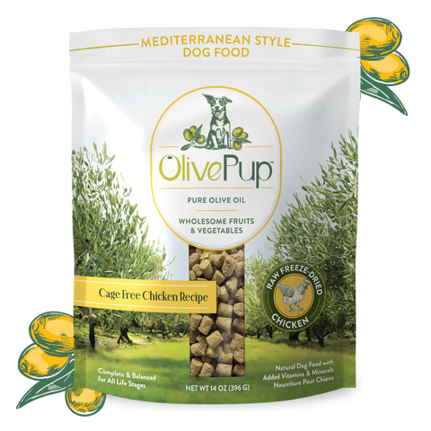 Olive Pup freeze dried cage free chicken dog food with olive oil, complete and balanced 14oz bag