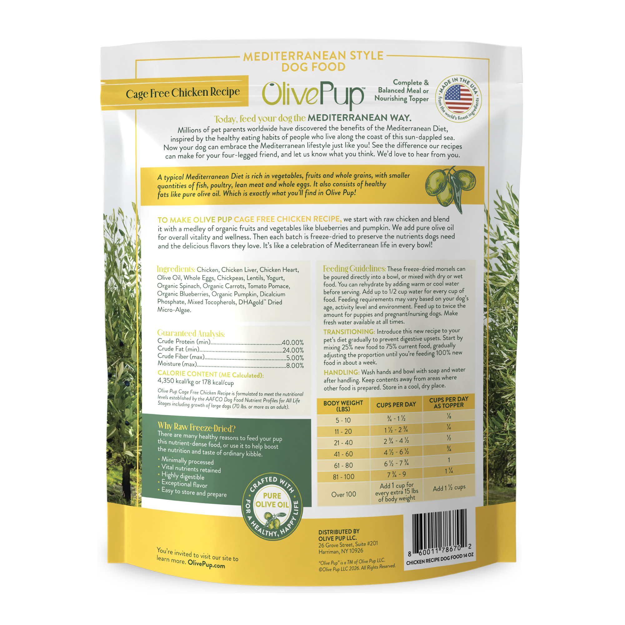 Olive Pup Cage Free Chicken Recipe ingredients and feeding guide, freeze dried Mediterranean diet dog food
