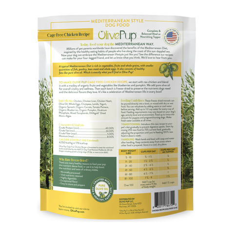Olive Pup Cage Free Chicken Recipe ingredients and feeding guide, freeze dried Mediterranean diet dog food
