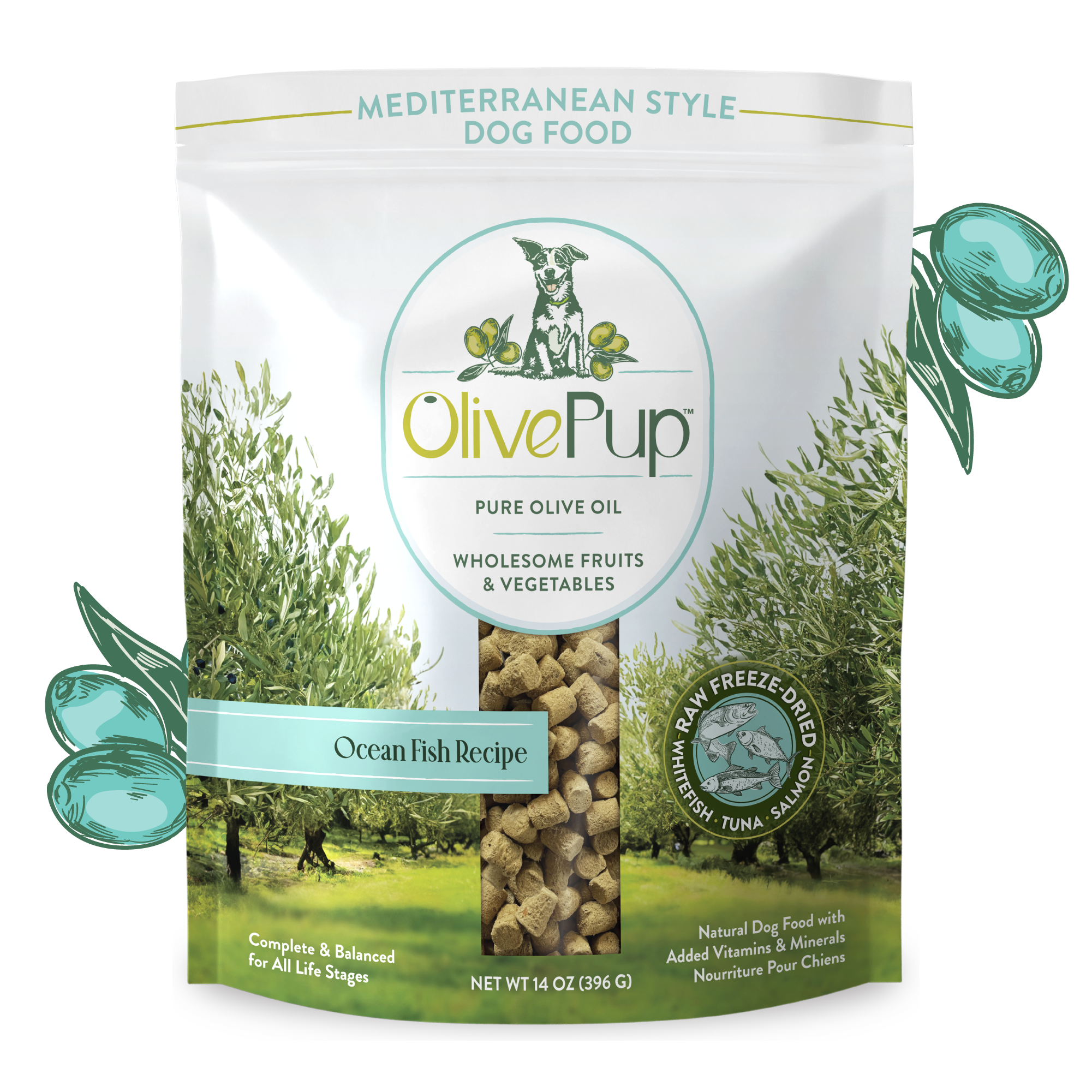 Olive Pup freeze dried ocean fish dog food with olive oil, complete and balanced 14oz bag