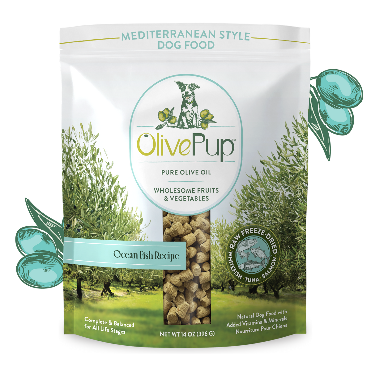 Olive Pup freeze dried ocean fish dog food with olive oil, complete and balanced 14oz bag