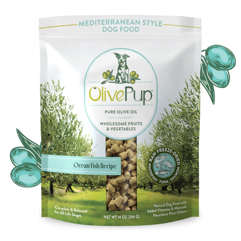 Olive Pup freeze dried ocean fish dog food with olive oil, complete and balanced 14oz bag