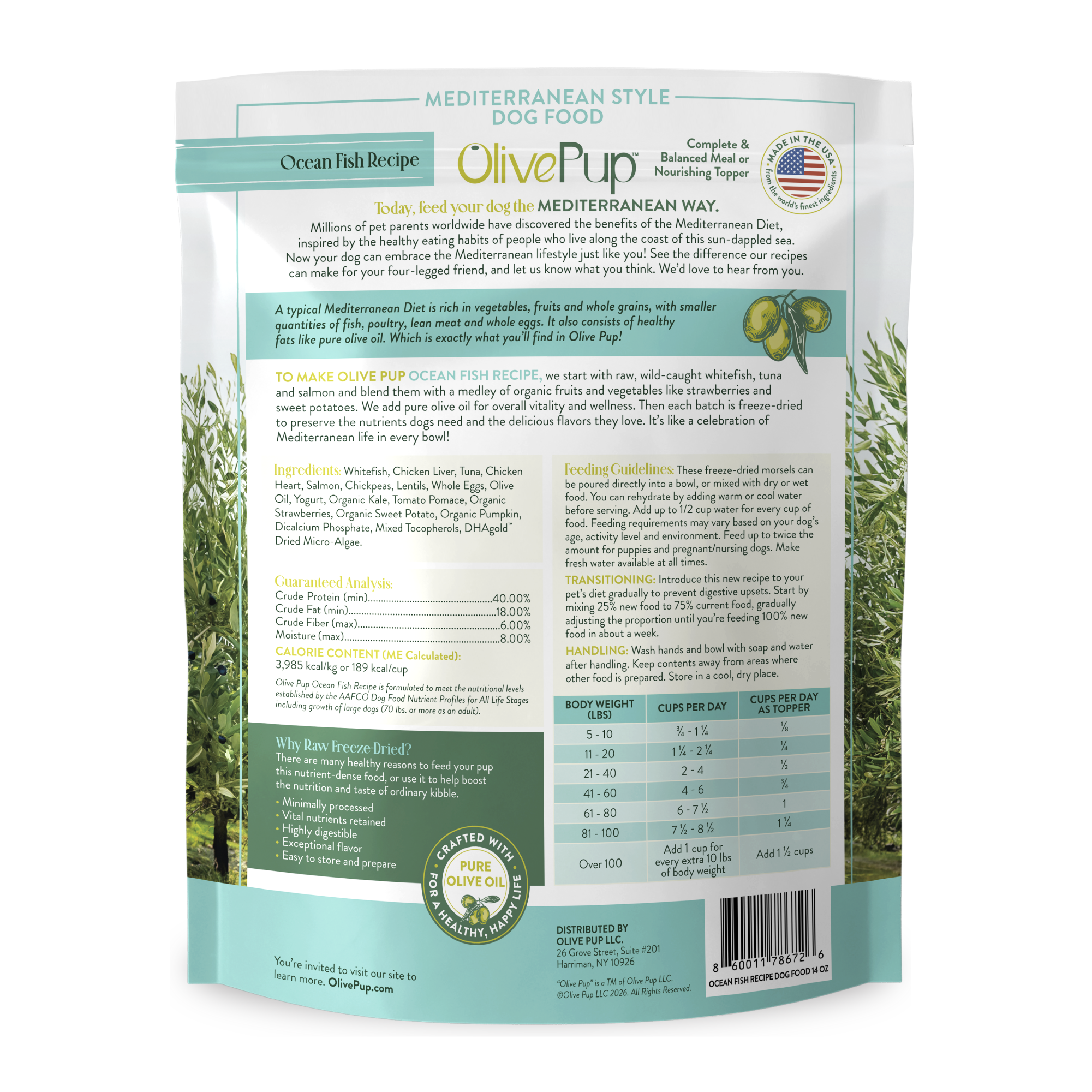Olive Pup Ocean Fish Recipe ingredients and feeding guide, freeze dried Mediterranean diet dog food