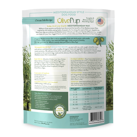 Olive Pup Ocean Fish Recipe ingredients and feeding guide, freeze dried Mediterranean diet dog food