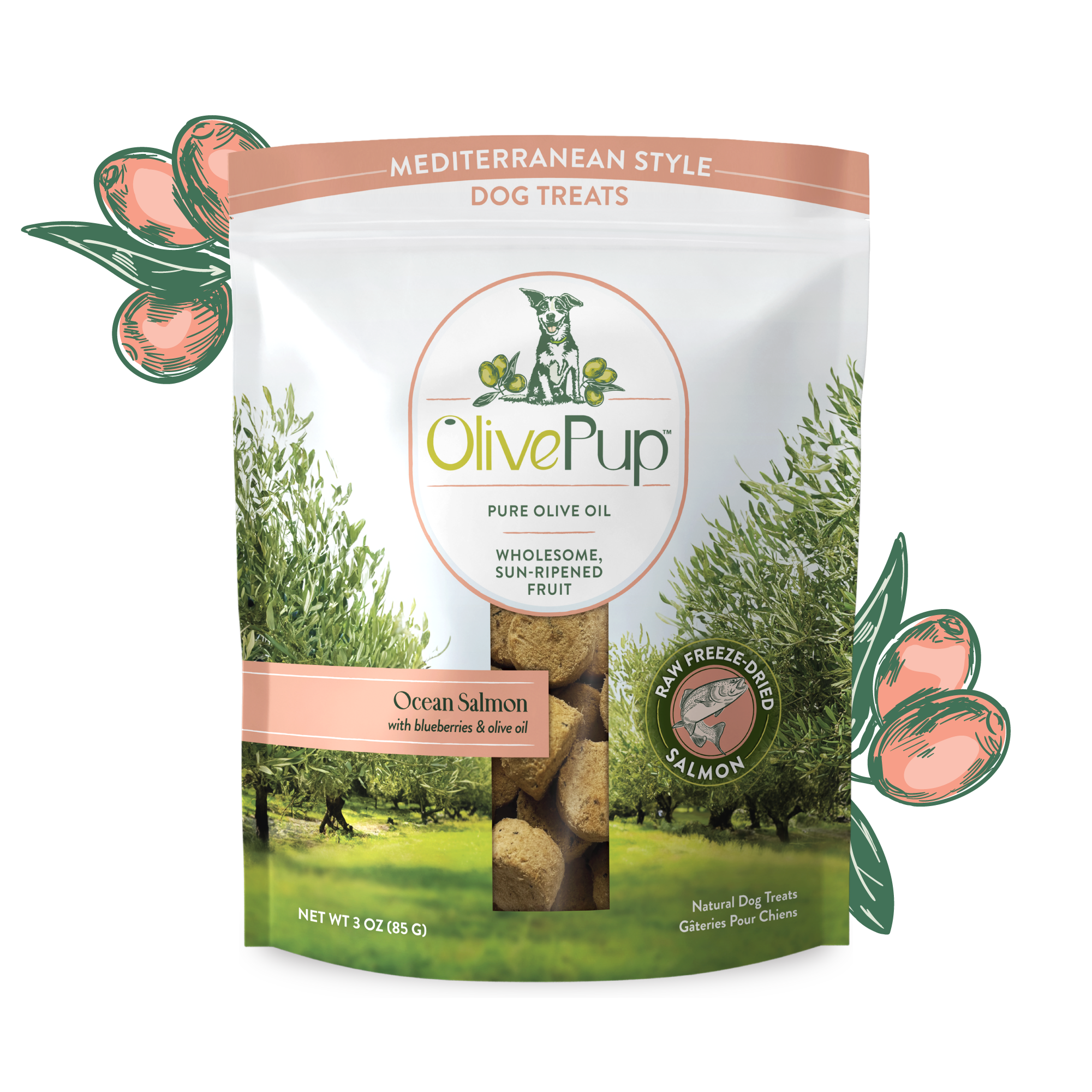 Olive Pup freeze dried salmon dog treats with blueberries and olive oil, 3oz bag