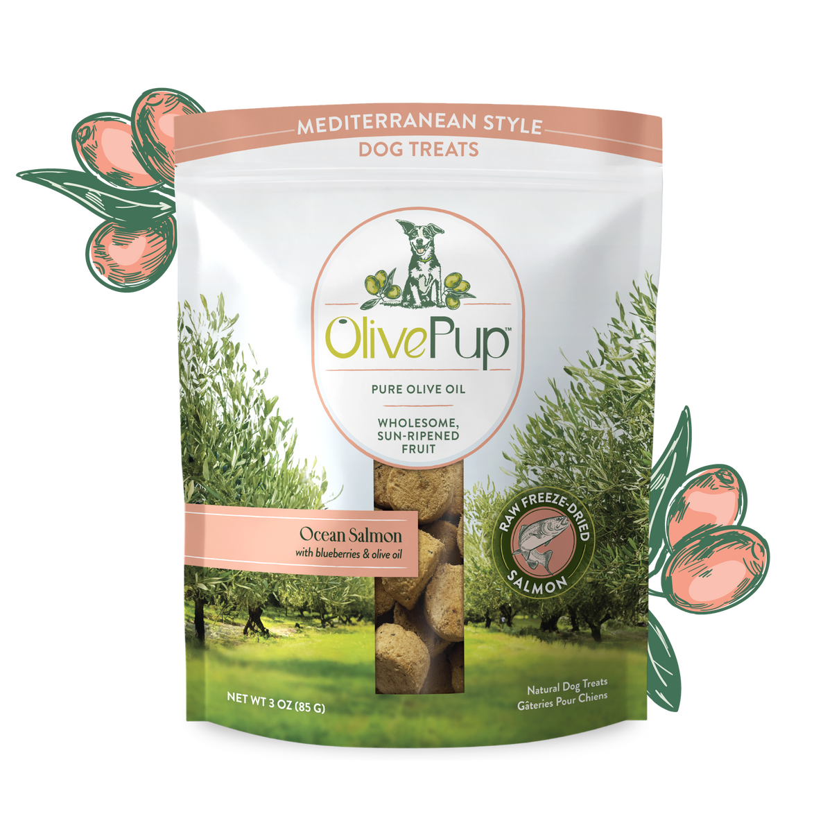 Olive Pup freeze dried salmon dog treats with blueberries and olive oil, 3oz bag