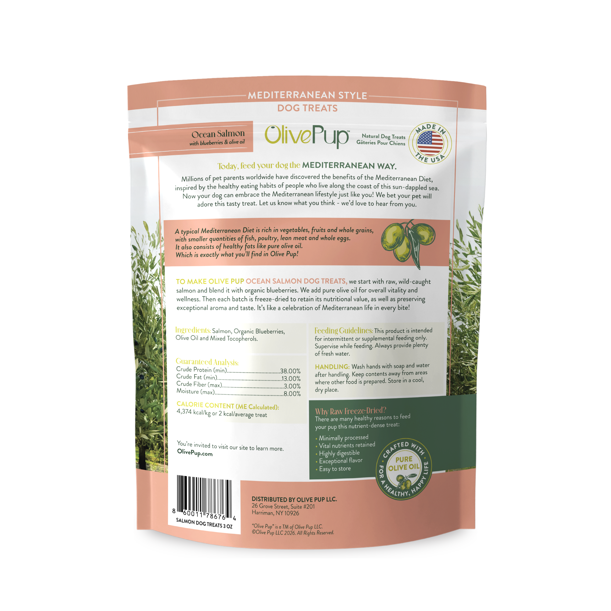 Olive Pup Ocean Salmon dog treat back label, ingredients, feeding guide and Mediterranean diet story