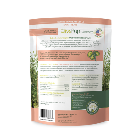 Olive Pup Ocean Salmon dog treat back label, ingredients, feeding guide and Mediterranean diet story